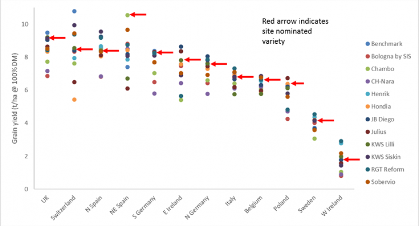 Grain yield data of the 2017-2018 multi-location field trial using site-nominated commercial winter wheat varieties, obtained across the ECOFE network partners and sites.